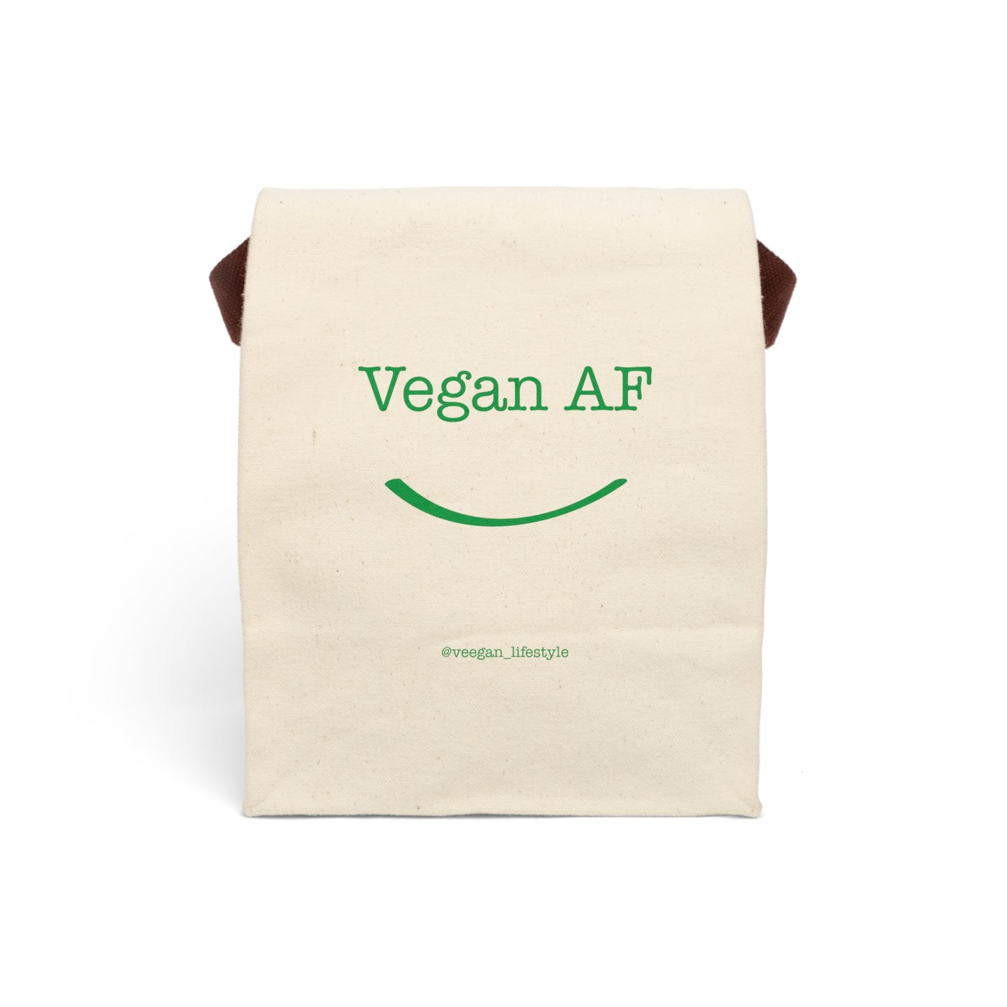 front view "Vegan AF" canvas lunch bag with smile white background